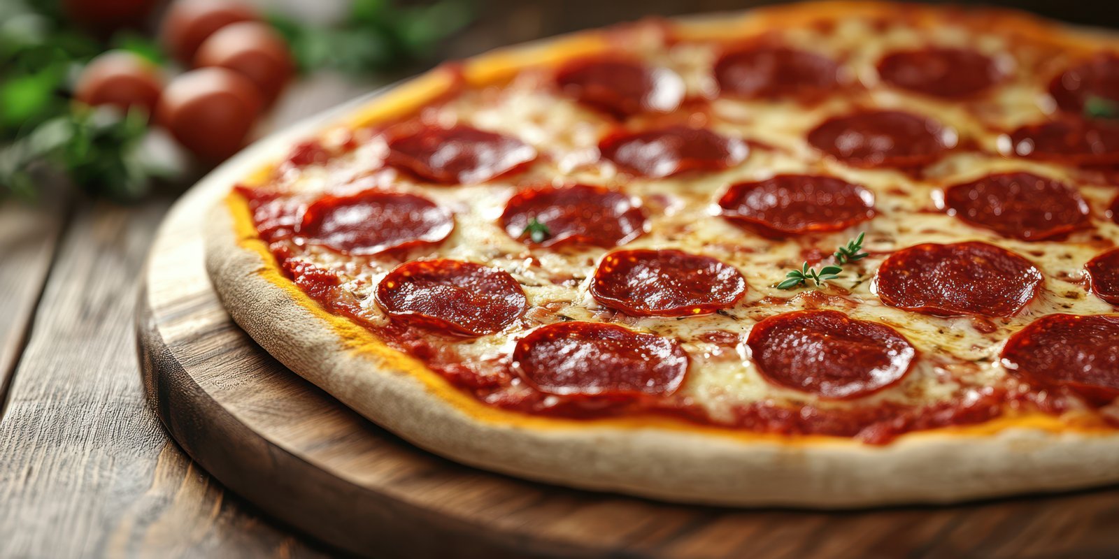 Perfectly baked pepperoni pizza with fresh herbs and ingredients on a wooden surface in a cozy kitchen setting